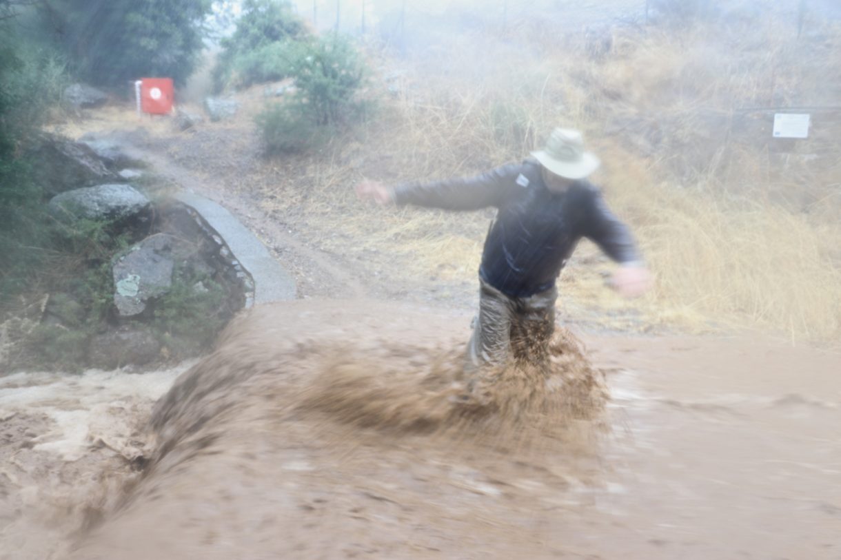 A person wading through fast-moving floodwater in the Central Ravine.